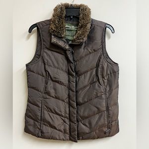 Eddie Bauer Premium Goose Down Brown Full Zip/Button Faux Fur Lined Puffer Vest